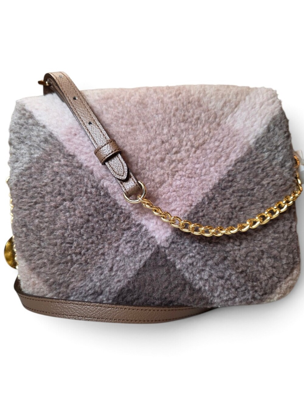 Blue Label Crestbridge Taupe Shearling Crossbody Bag with Gold Chain